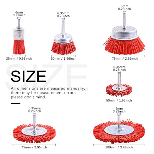 6Pcs Nylon Filament Abrasive Wire Brush Wheel & Cup Brush Set with 1/4 Inch Shank